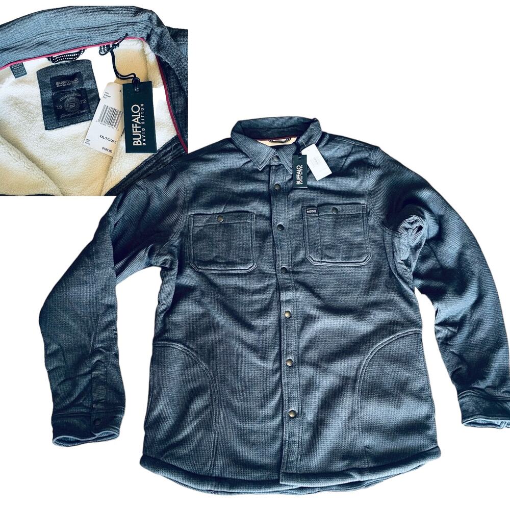 NEW BUFFALO Men's XXL Sherpa Waffle Knit SHACKET Shirt Jacket Gray David Bitton!
